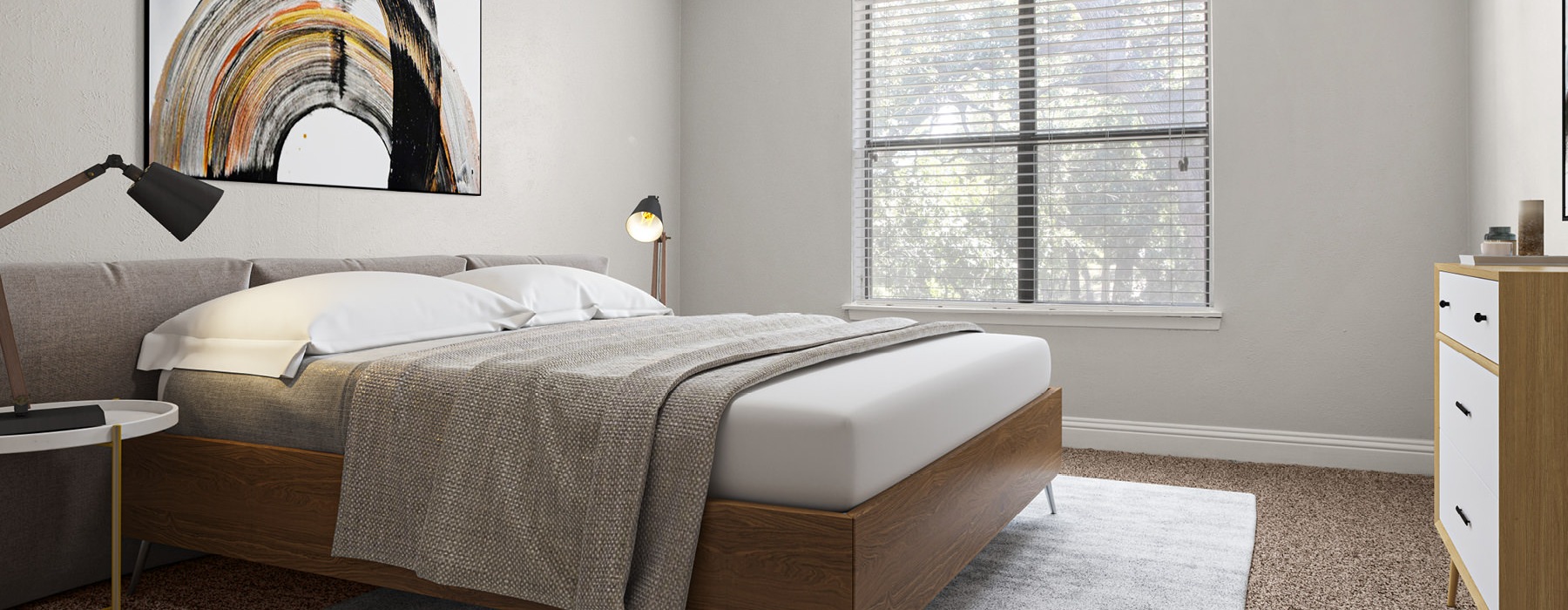 Bedroom with natural lighting and high ceilings